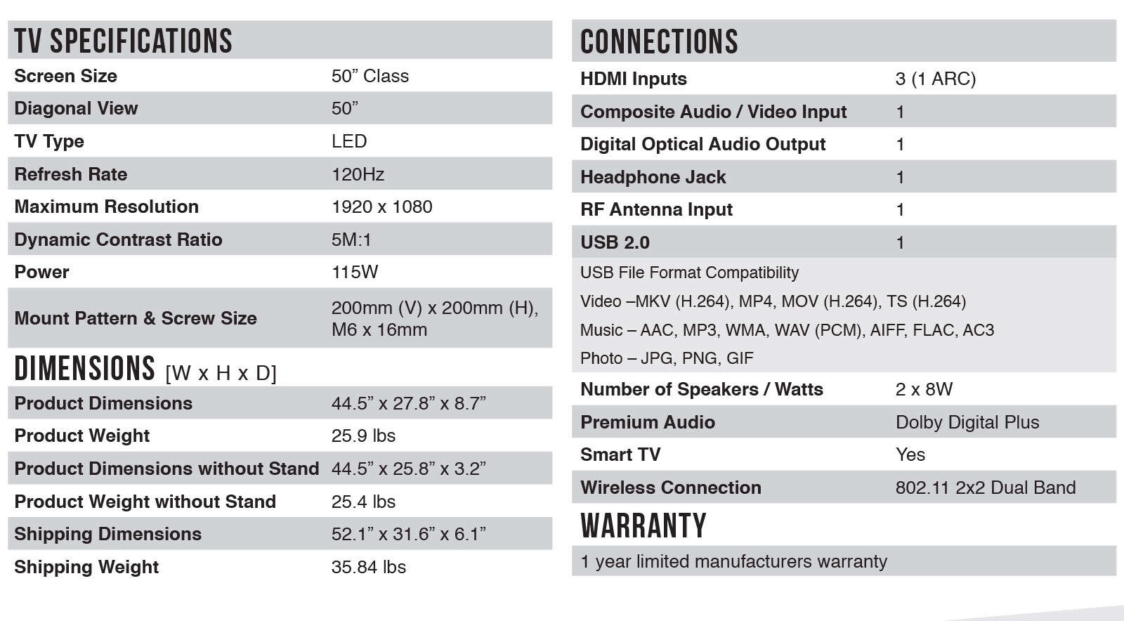 50FS3800 Spec Sheet