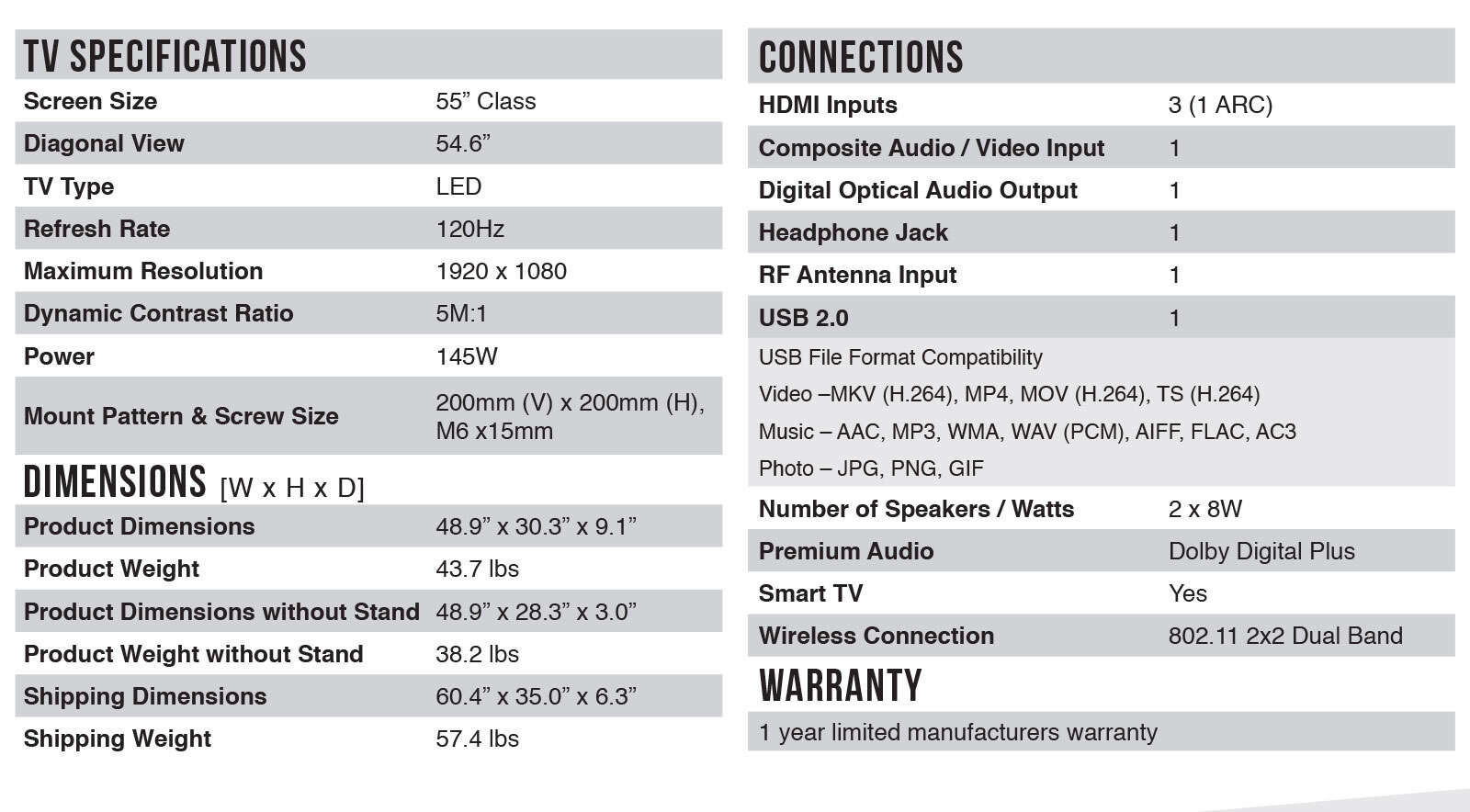 55FS3700 Spec Sheet