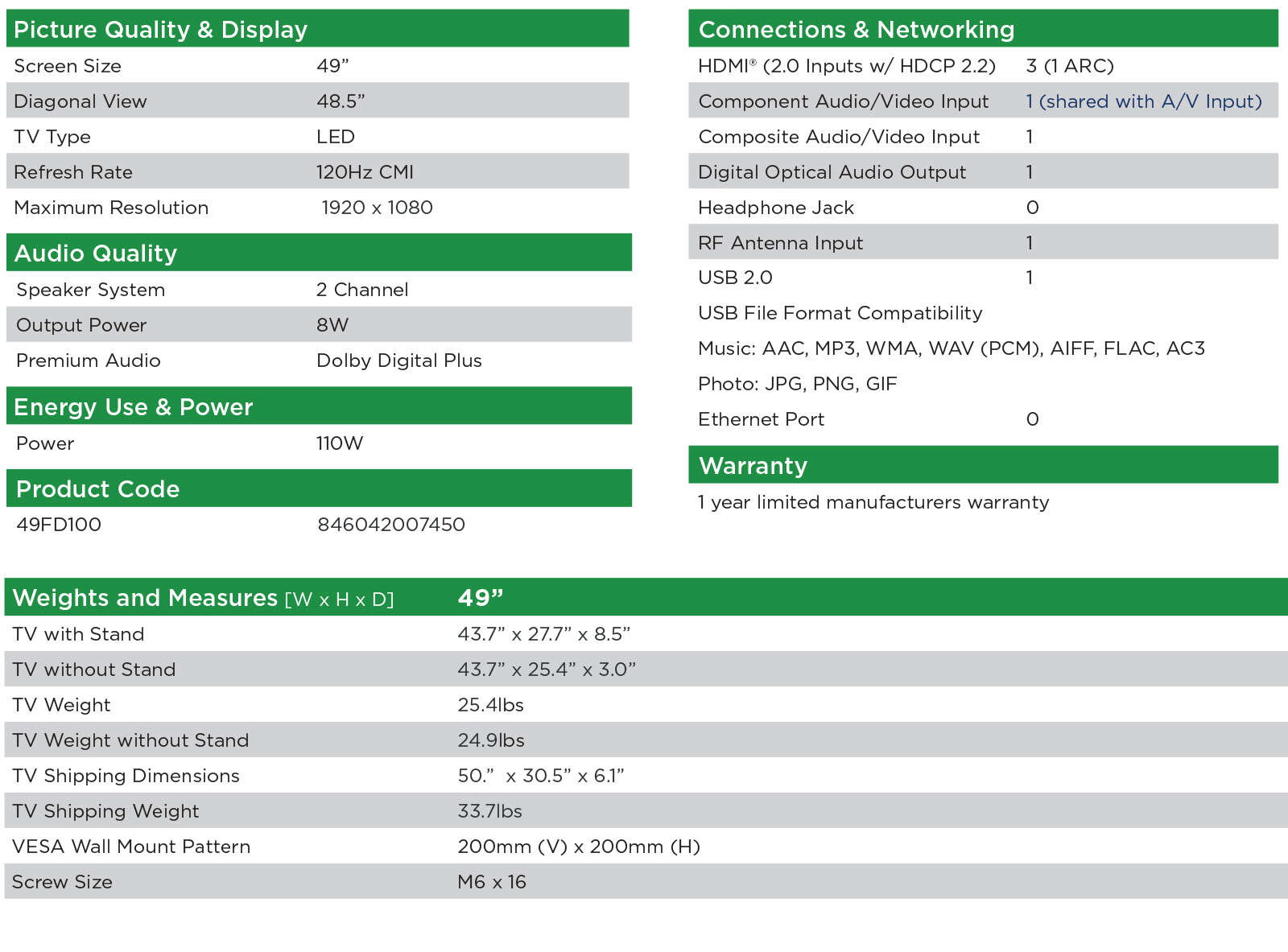 49D100 Specs Sheet